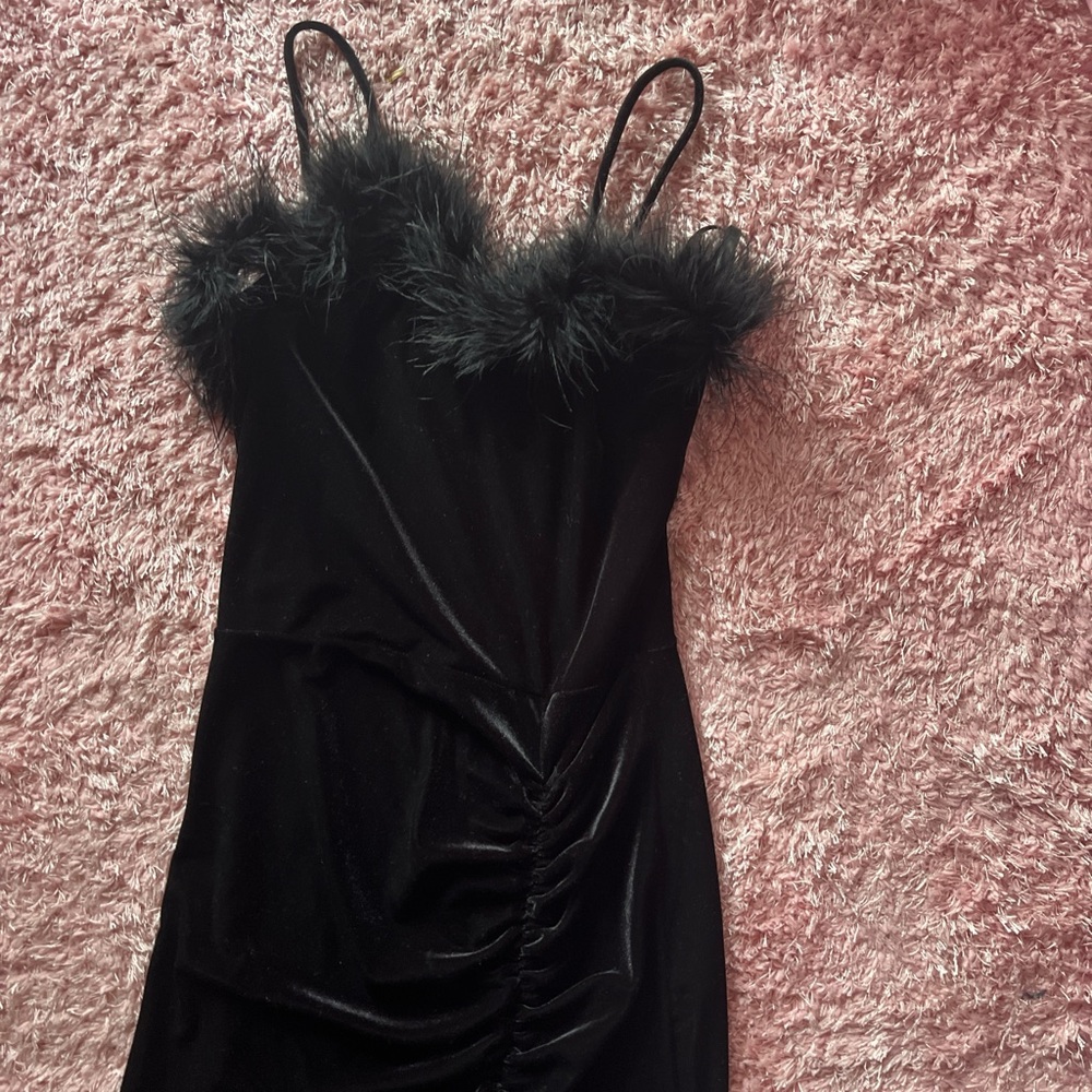 Black Velvet Dress with Feather Trim